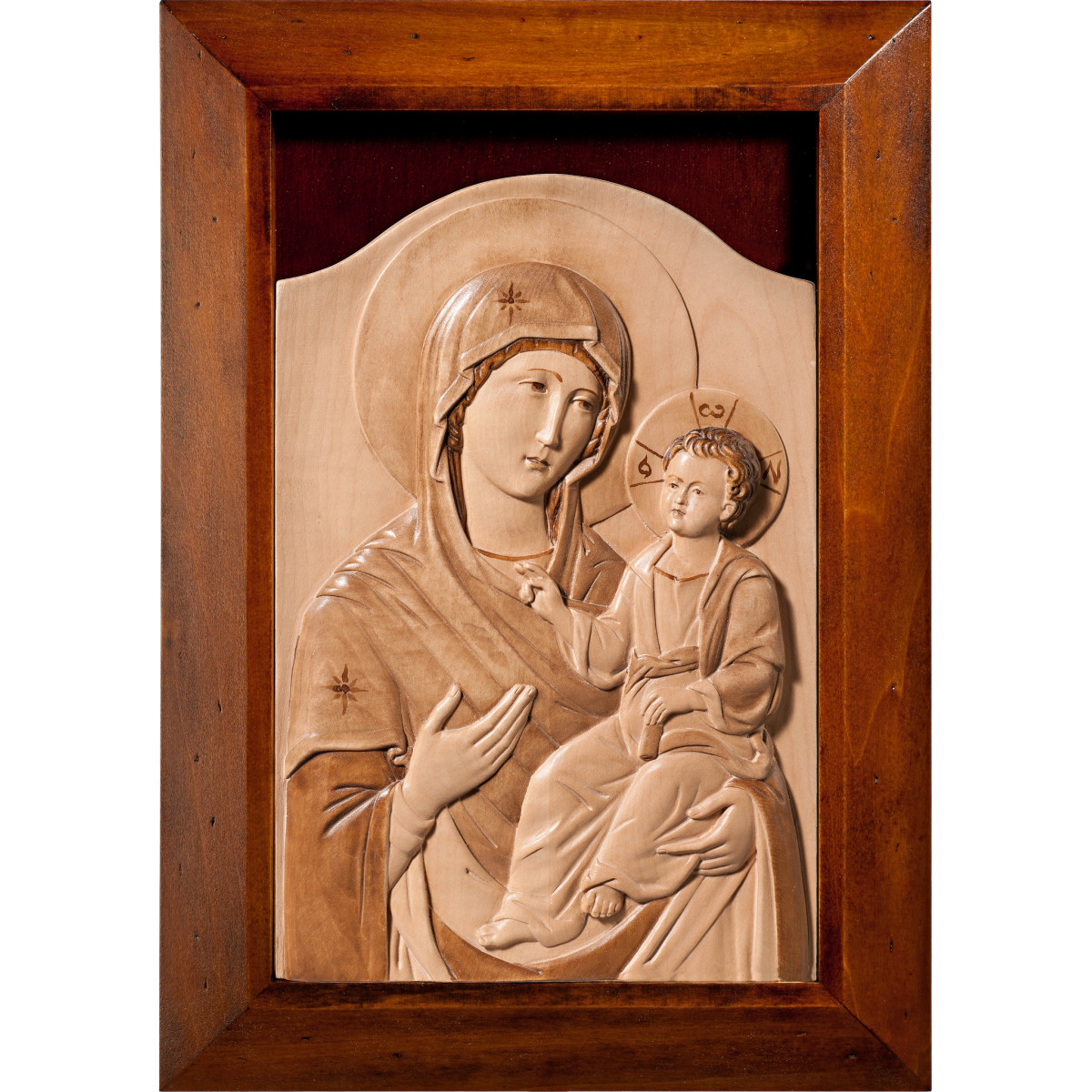 Icono bizantino de la Virgen con el Niño Jesús con marco